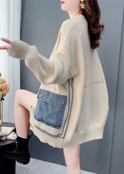 Beige Oversized Denim Patchwork Knit Cardigan Winter