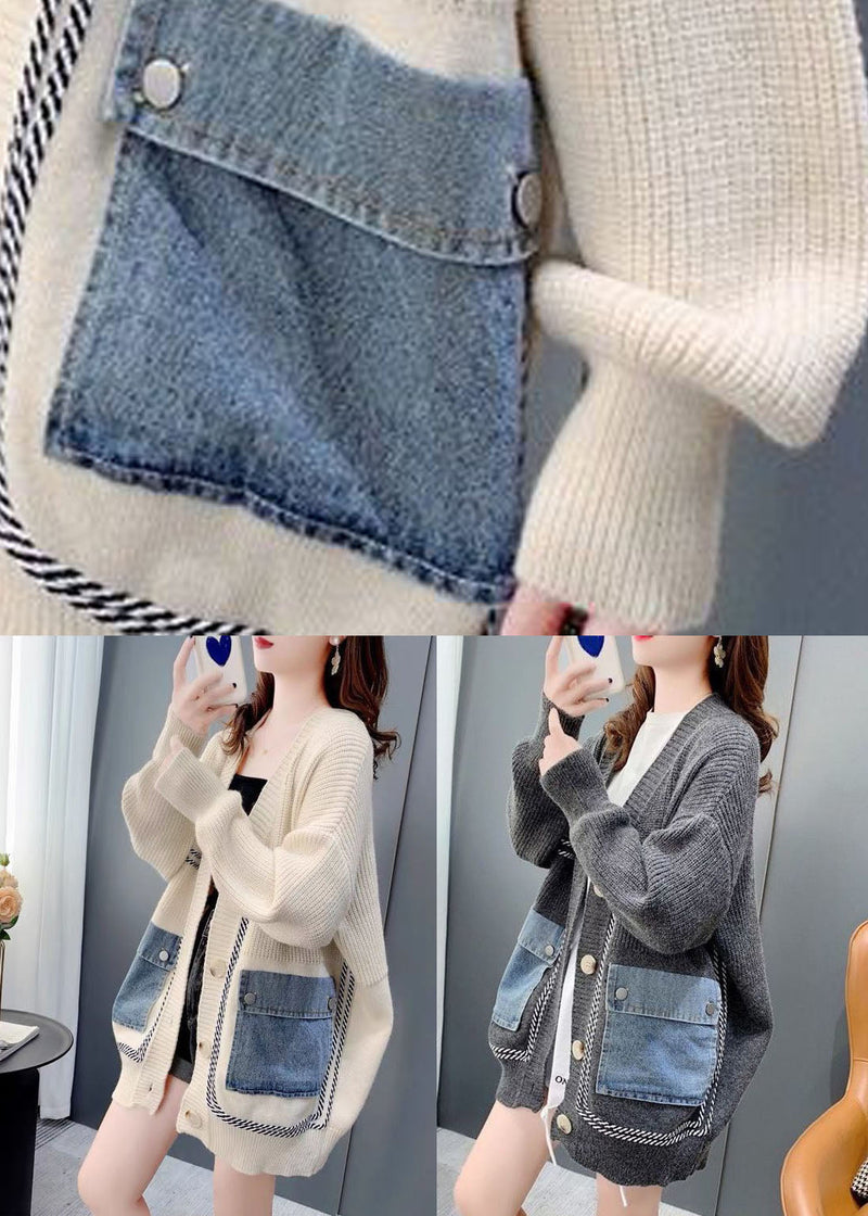 Beige Oversized Denim Patchwork Knit Cardigan Winter
