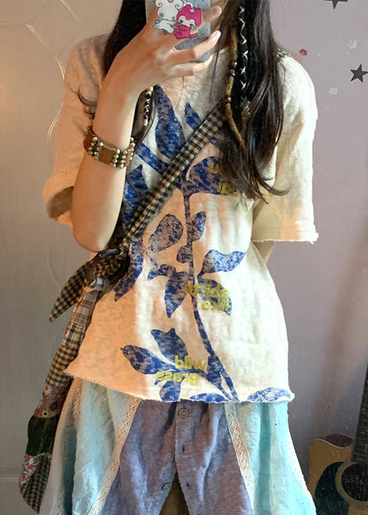 Beige Oversized Print Linen Tops Summer