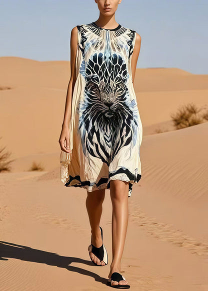 Beige Oversized Tiger Print Cotton Day Dress Sleeveless
