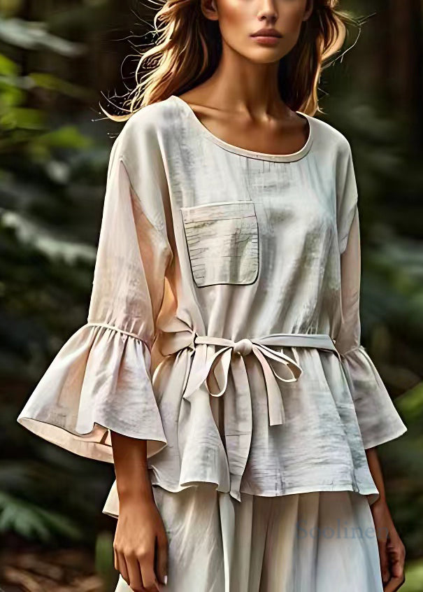 Beige Pockets Tie Waist Cotton Blouse Flare Sleeve