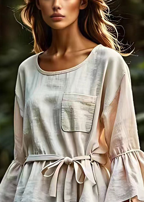 Beige Pockets Tie Waist Cotton Blouse Flare Sleeve