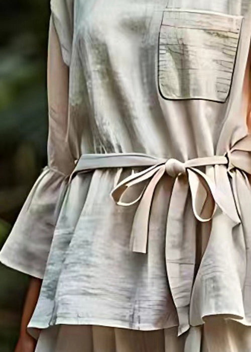Beige Pockets Tie Waist Cotton Blouse Flare Sleeve