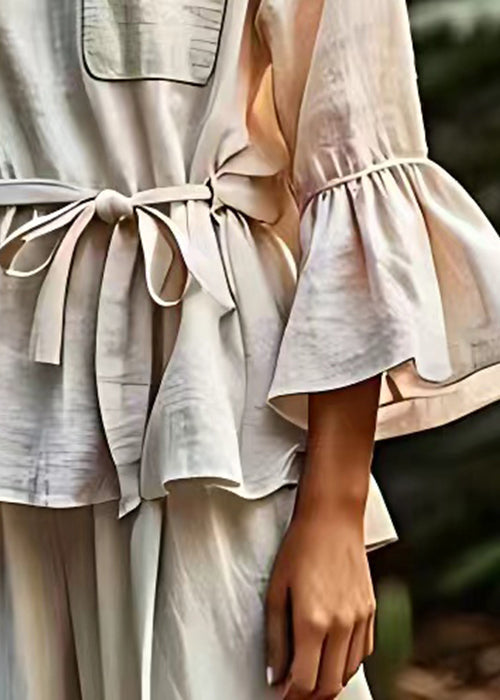 Beige Pockets Tie Waist Cotton Blouse Flare Sleeve