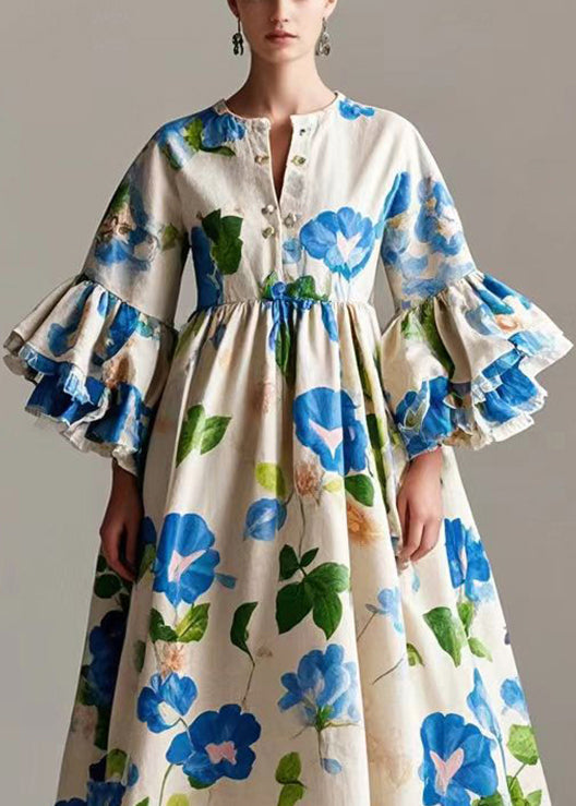 Beige Print Cotton a Line Dress Flare Sleeve