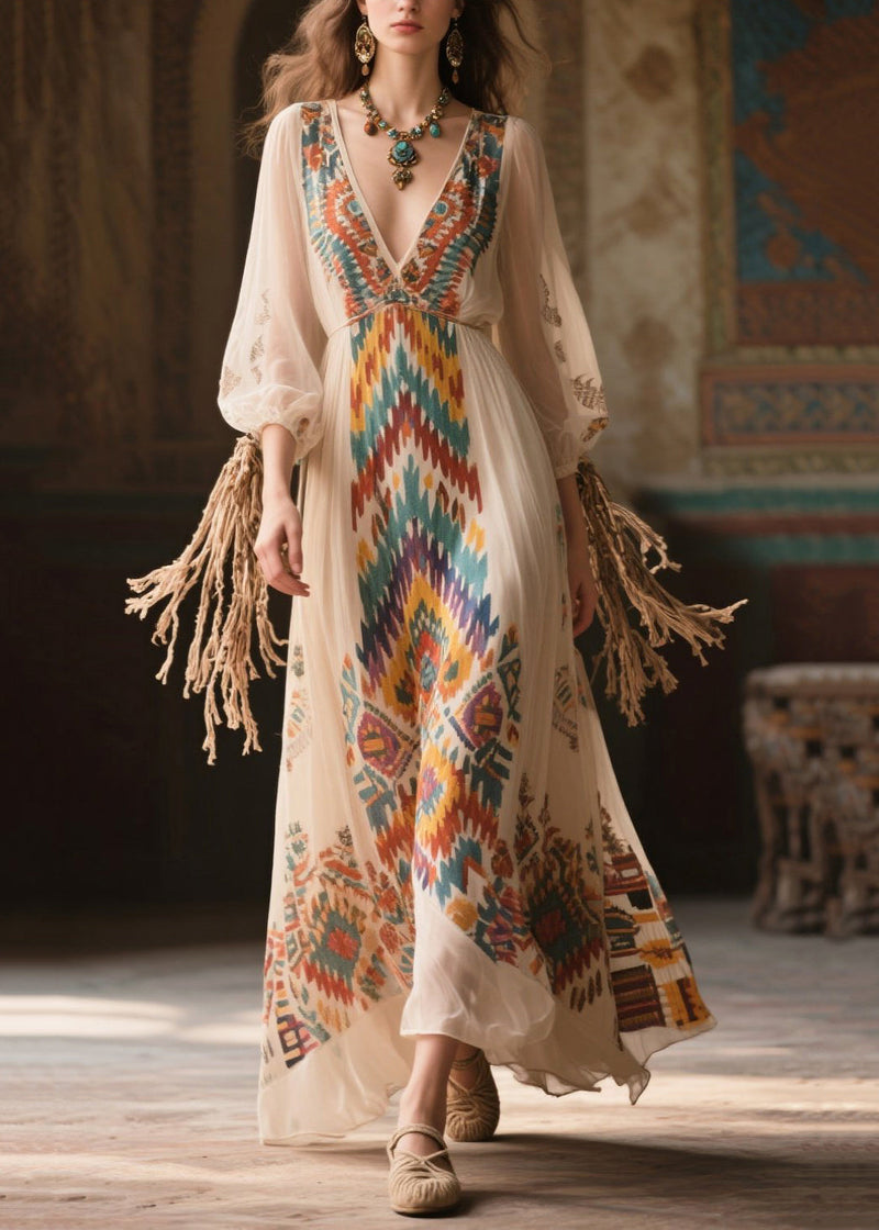 Beige Print Draping Chiffon Long Dress Bracelet Sleeve