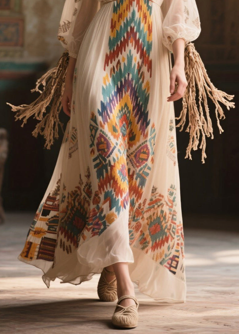 Beige Print Draping Chiffon Long Dress Bracelet Sleeve