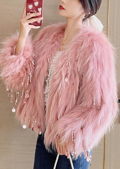 Beige Sequins Tassel Mink Hair Coats Winter