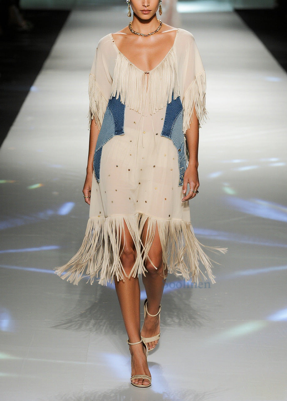 Beige Tasseled Patchwork Chiffon Vacation Dress Summer