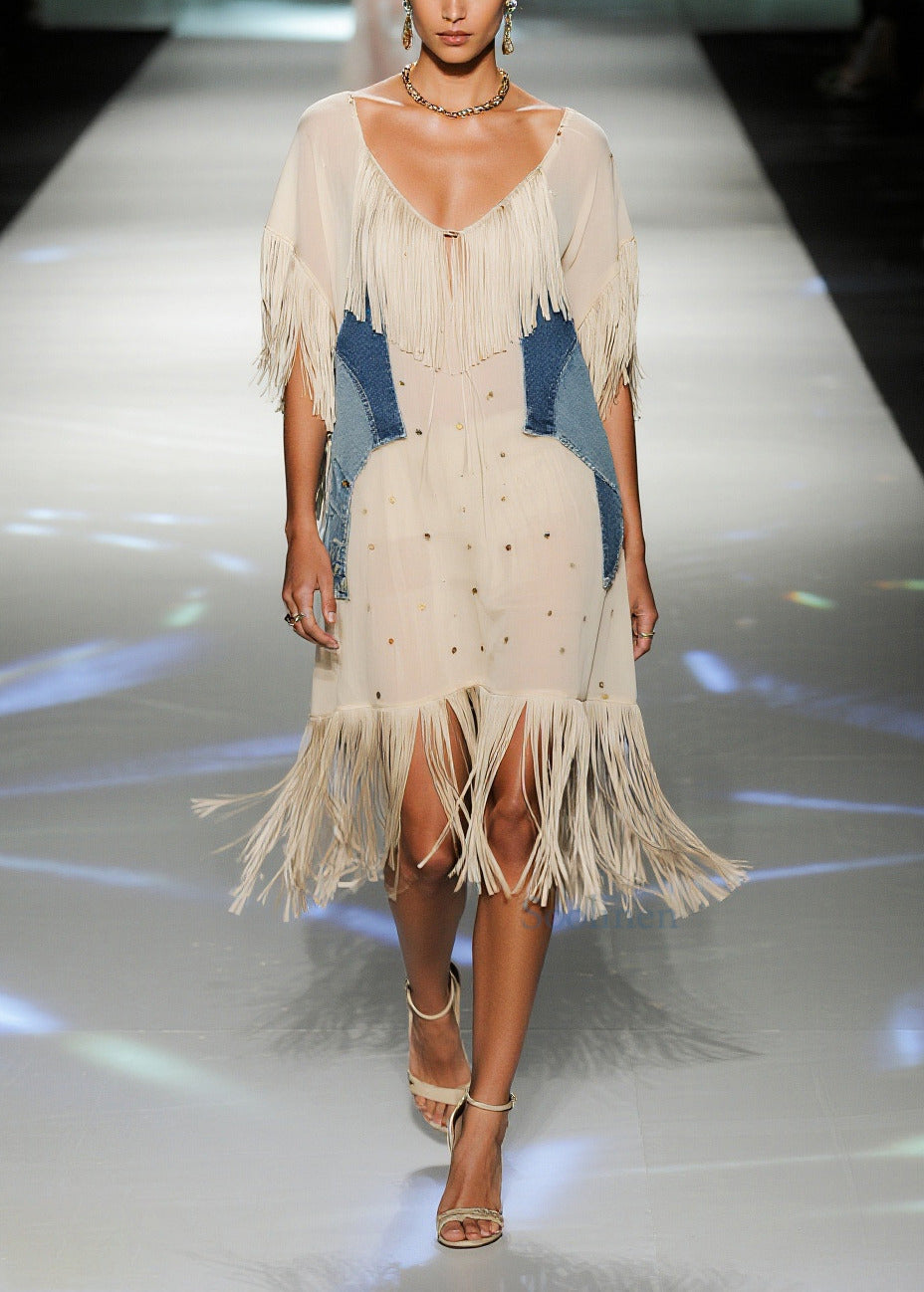 Beige Tasseled Patchwork Chiffon Vacation Dress Summer