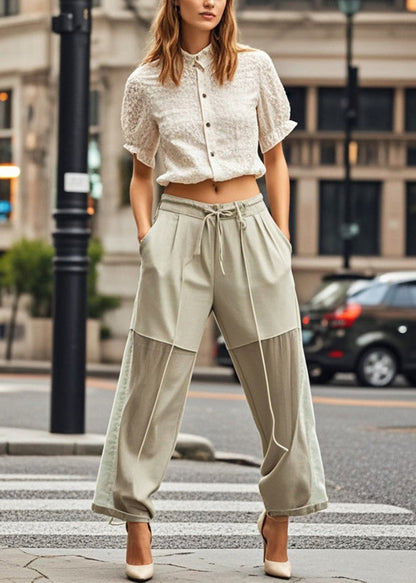 Beige Tie Waist Patchwork Chiffon Pants Spring