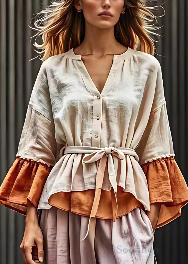 Beige V Neck Button Tie Waist Cotton Blouses Fall