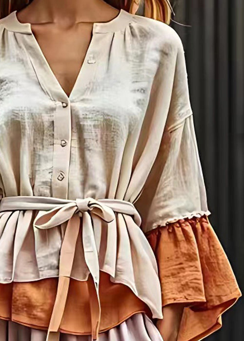 Beige V Neck Button Tie Waist Cotton Blouses Fall