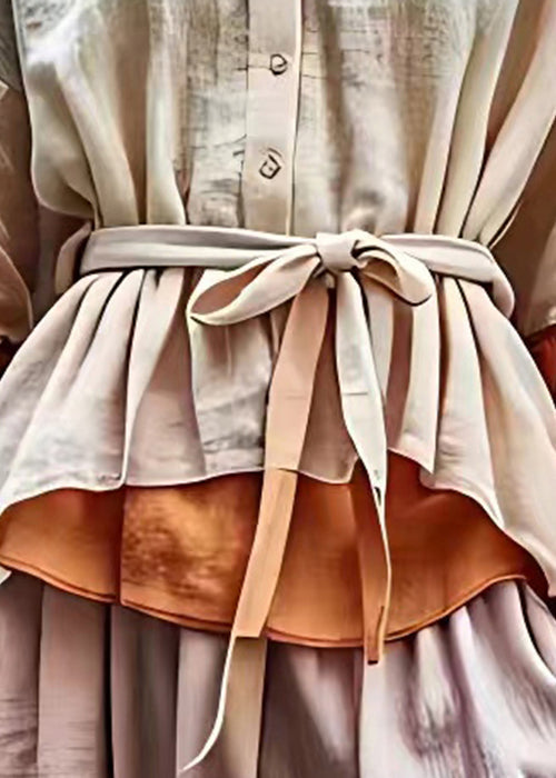Beige V Neck Button Tie Waist Cotton Blouses Fall