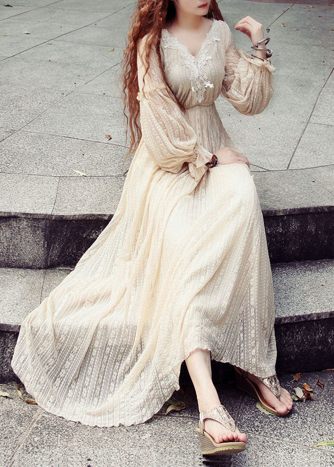 Beige V Neck Lace Patchwork Exra Large Hem Maxi Dress Puff Sleeve
