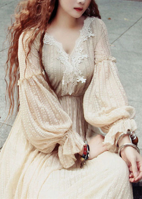 Beige V Neck Lace Patchwork Exra Large Hem Maxi Dress Puff Sleeve