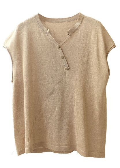 Beige V Neck Color Knit Tops Short Sleeve