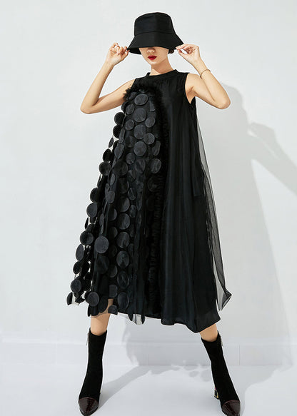 Black Asymmetrical Patchwork Wrinkled Tulle Maxi Dress Sleeveless