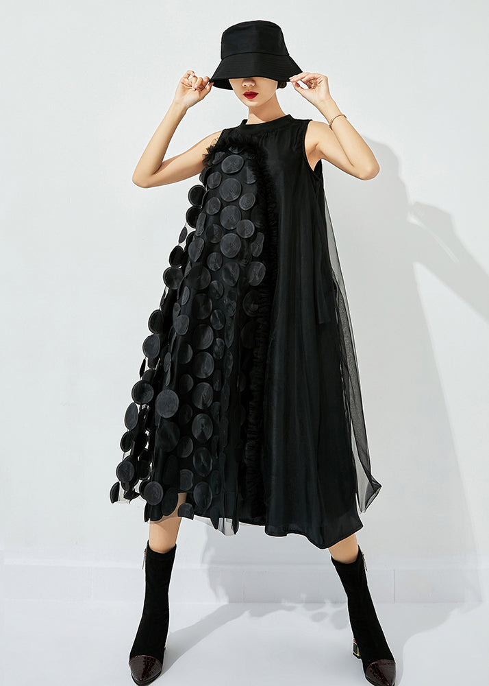 Black-green Dot Asymmetrical Patchwork Wrinkled Tulle Maxi Dress Sleeveless