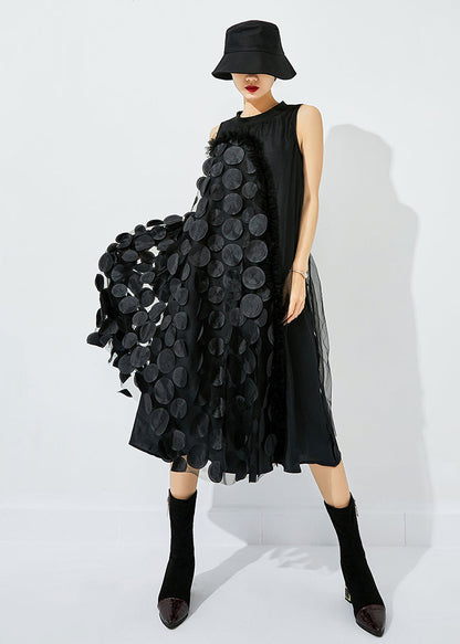 Black-green Dot Asymmetrical Patchwork Wrinkled Tulle Maxi Dress Sleeveless
