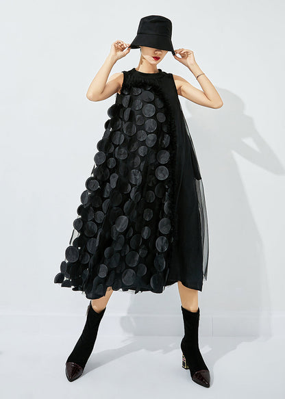 Black-blue Dot Asymmetrical Patchwork Wrinkled Tulle Maxi Dress Sleeveless