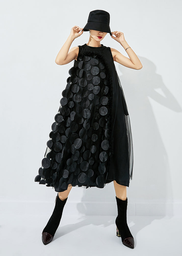 Black-blue Dot Asymmetrical Patchwork Wrinkled Tulle Maxi Dress Sleeveless