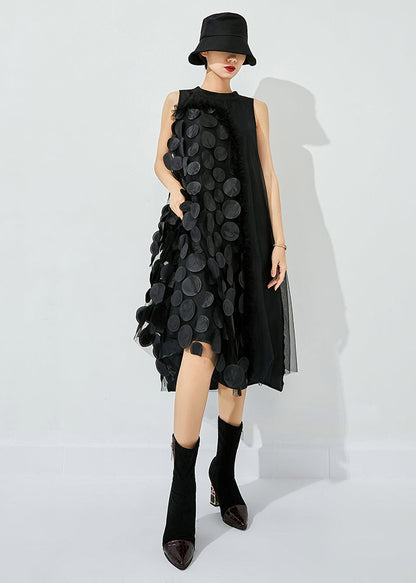 Black Asymmetrical Patchwork Wrinkled Tulle Maxi Dress Sleeveless