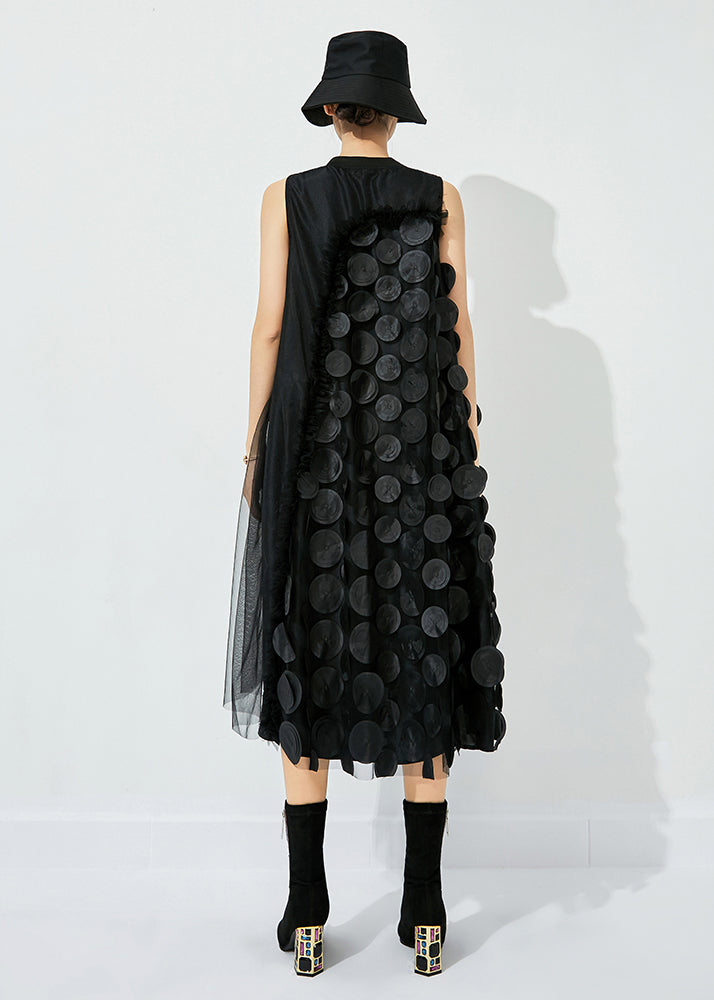 Khaki-black Dot Asymmetrical Patchwork Wrinkled Tulle Maxi Dress Sleeveless