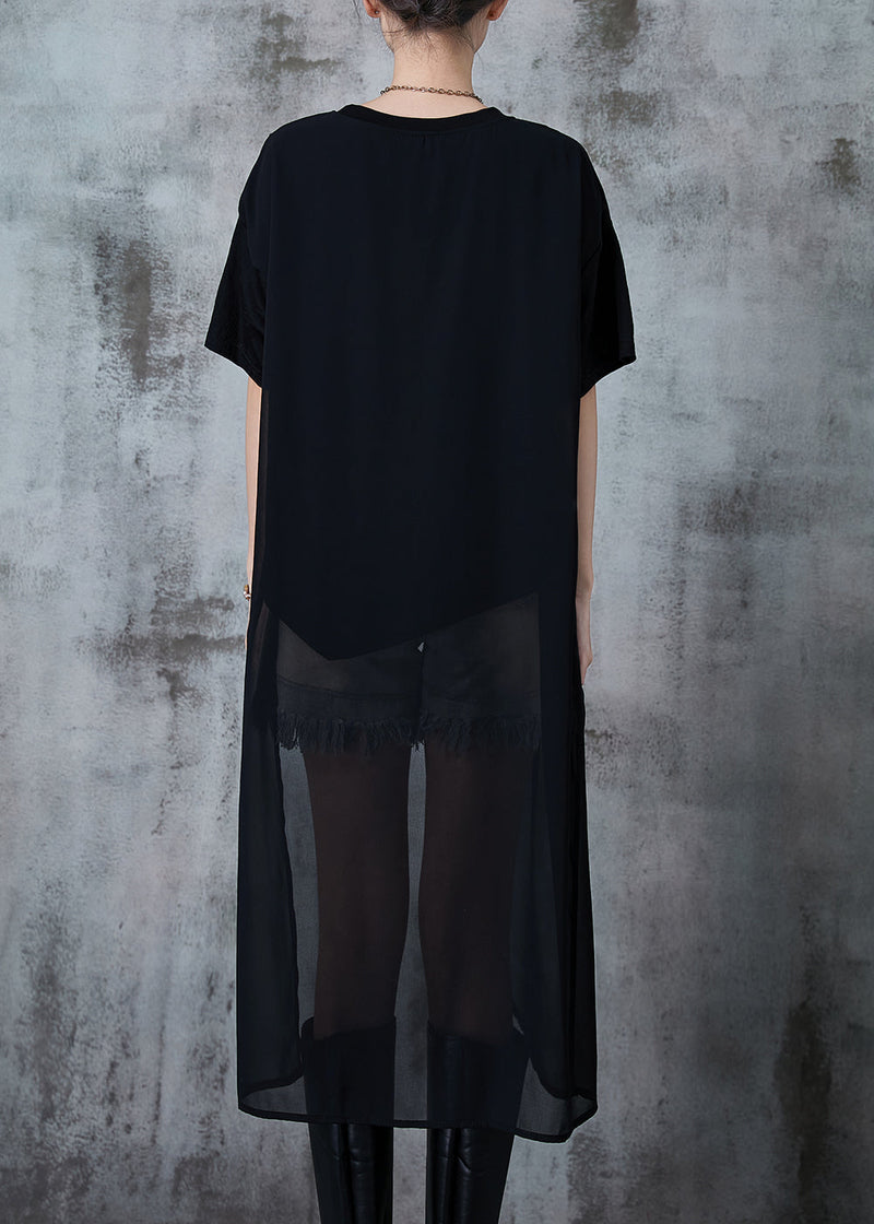 Black Asymmetrical Design Chiffon Long Tops Summer