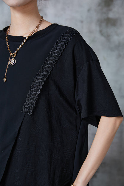 Black Asymmetrical Design Chiffon Long Tops Summer