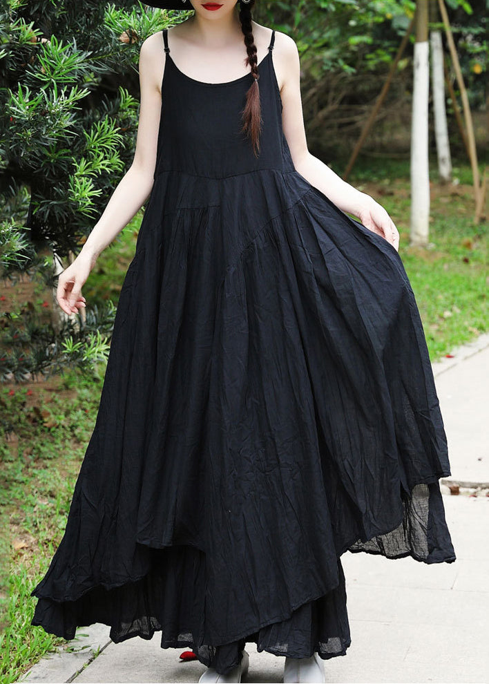 Black Asymmetrical Design Cotton Spaghetti Strap Dress Summer