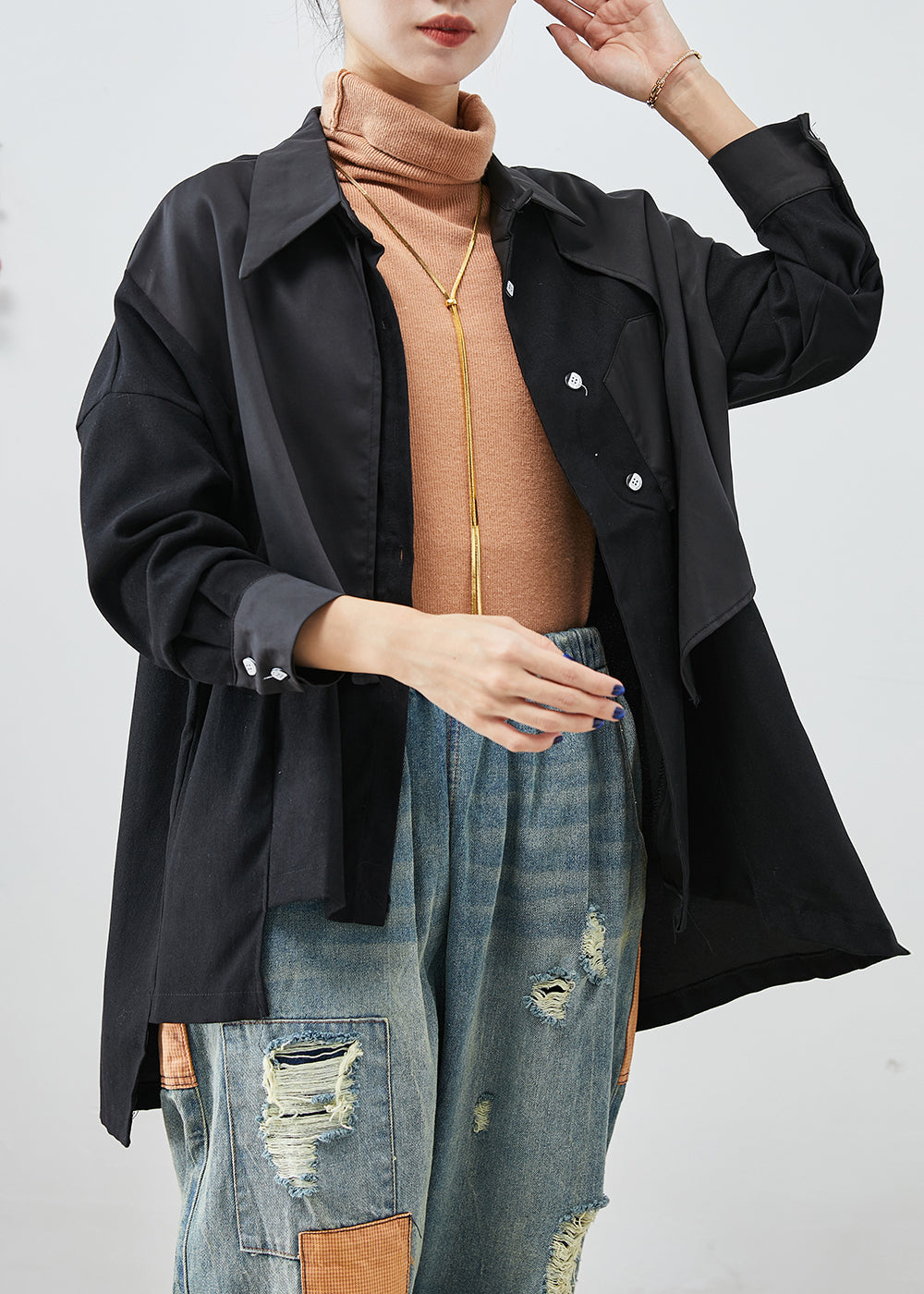 Black Asymmetrical Patchwork Back Open Cotton Jackets Fall
