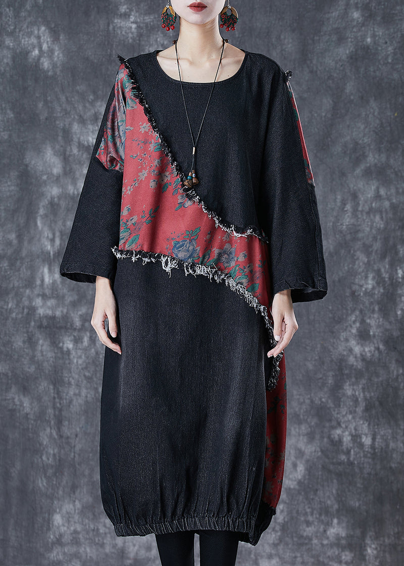 Black Asymmetrical Patchwork Denim Holiday Dress Fall