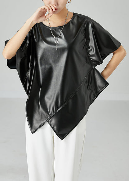 Black Asymmetrical Patchwork Leather Tanks Short Sleeve