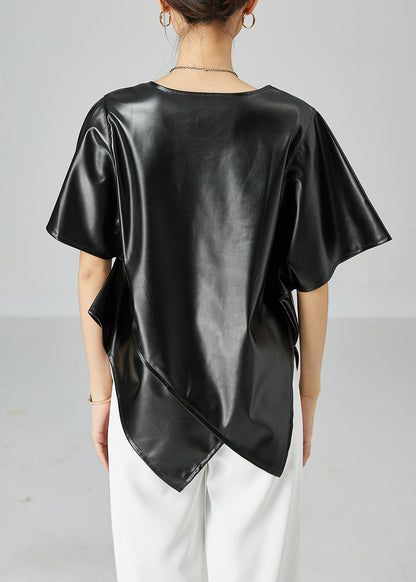 Black Asymmetrical Patchwork Leather Tanks Short Sleeve