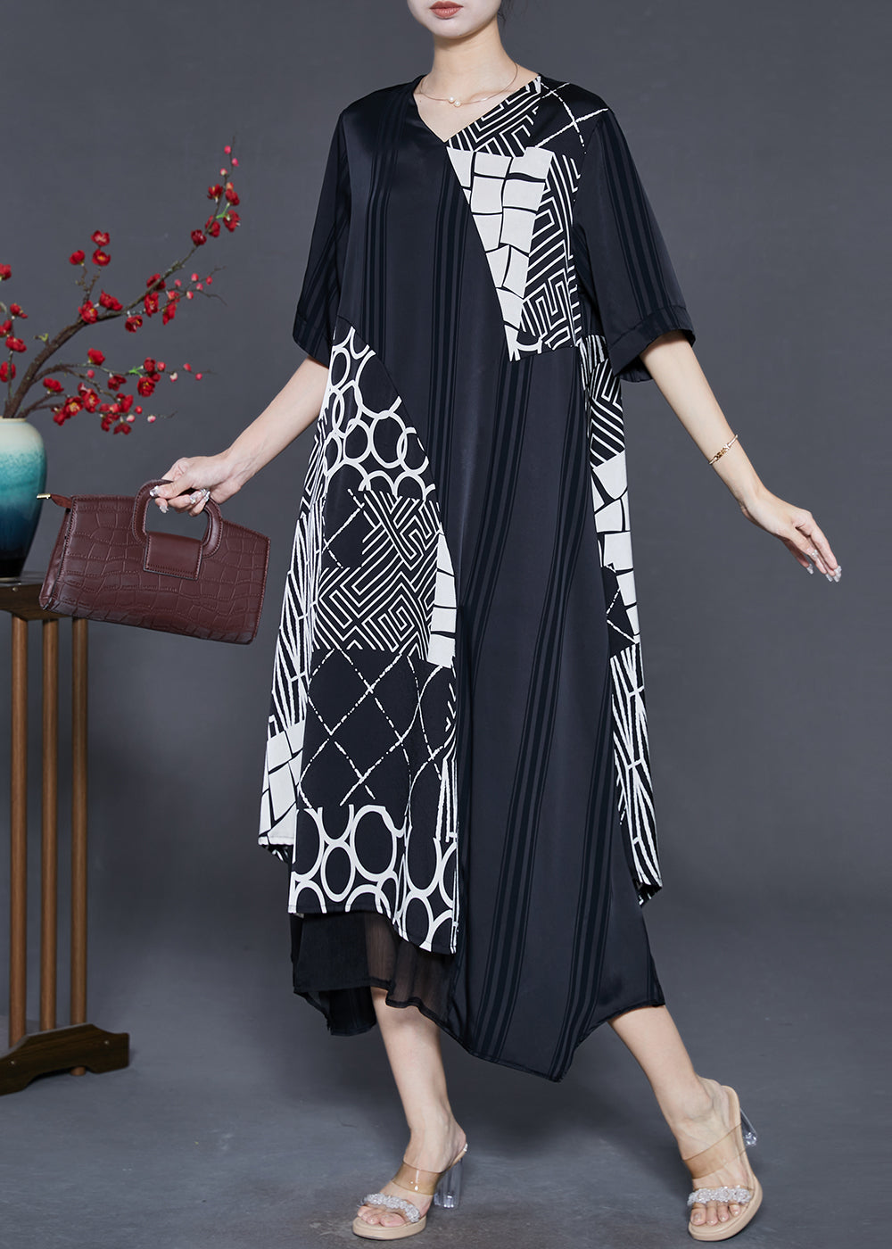 Black Asymmetrical Patchwork Silk Maxi Dresses Summer