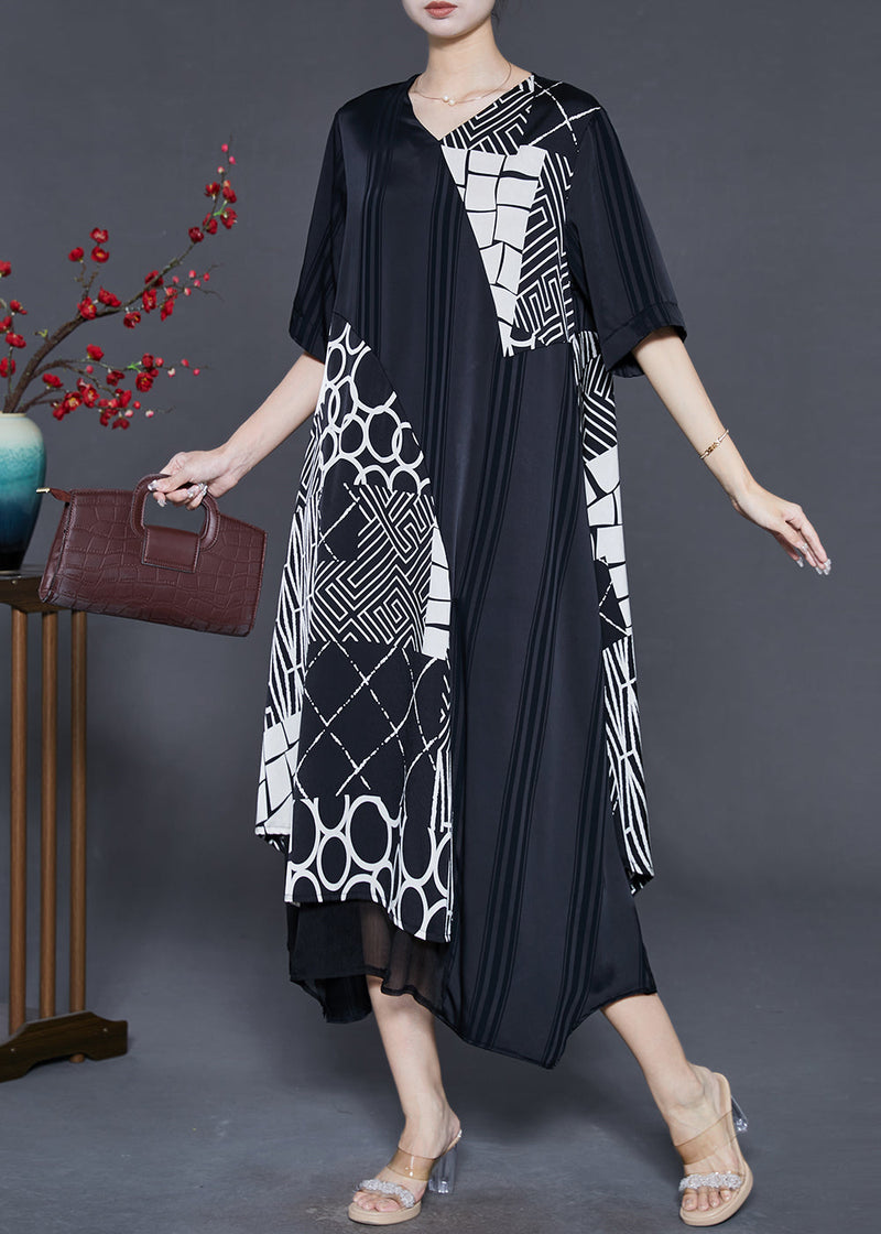 Black Asymmetrical Patchwork Silk Maxi Dresses Summer