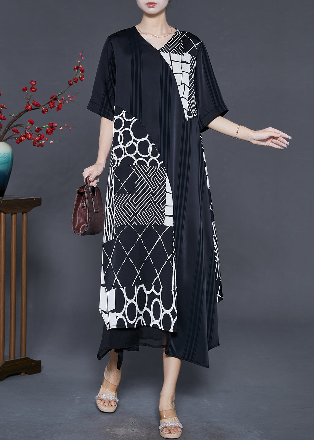Black Asymmetrical Patchwork Silk Maxi Dresses Summer