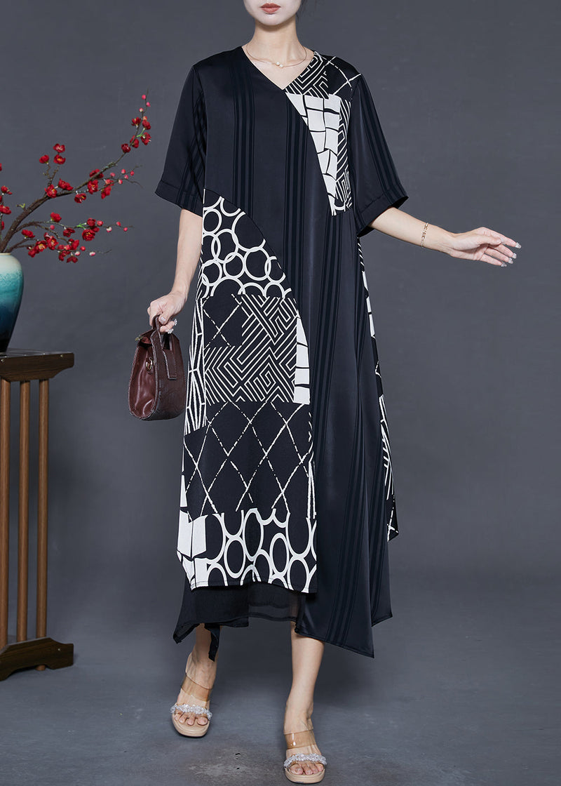 Black Asymmetrical Patchwork Silk Maxi Dresses Summer