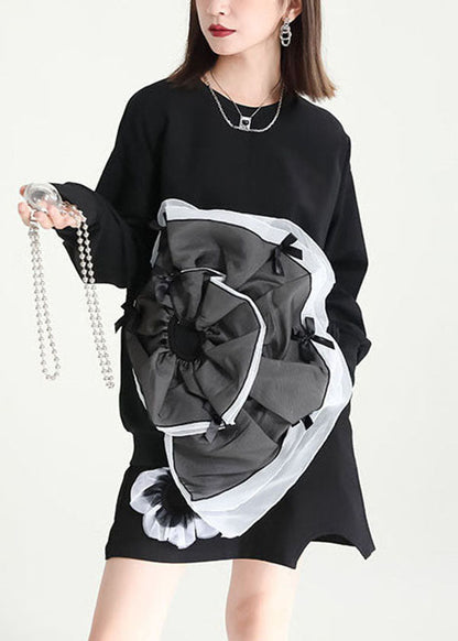 Black Asymmetrical Patchwork Tulle Applique Cotton Sweatshirts Dress Fall