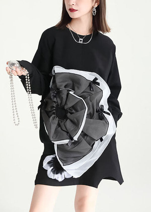 Black Asymmetrical Patchwork Tulle Applique Cotton Sweatshirts Dress Fall