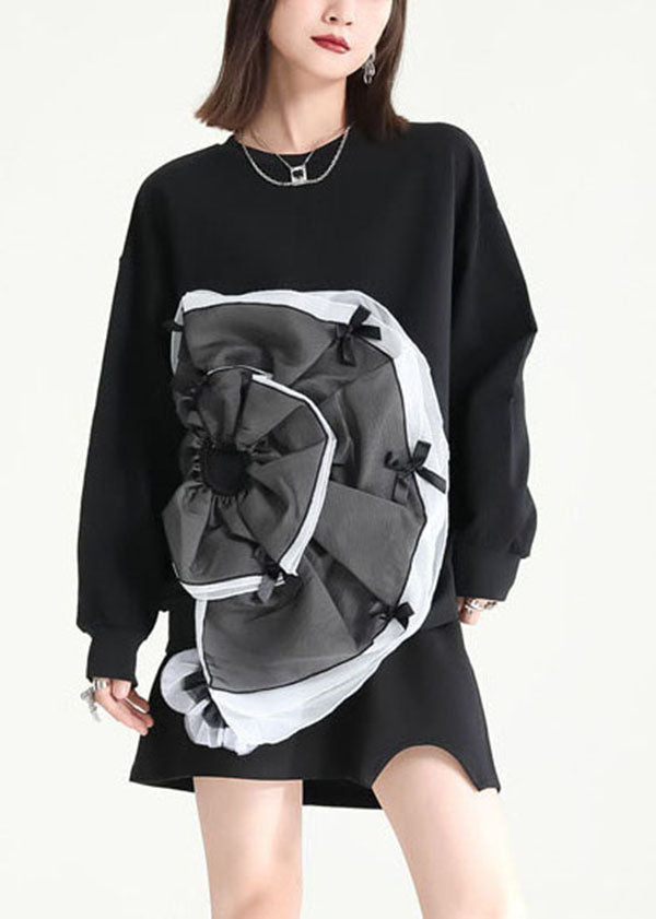 Black Asymmetrical Patchwork Tulle Applique Cotton Sweatshirts Dress Fall