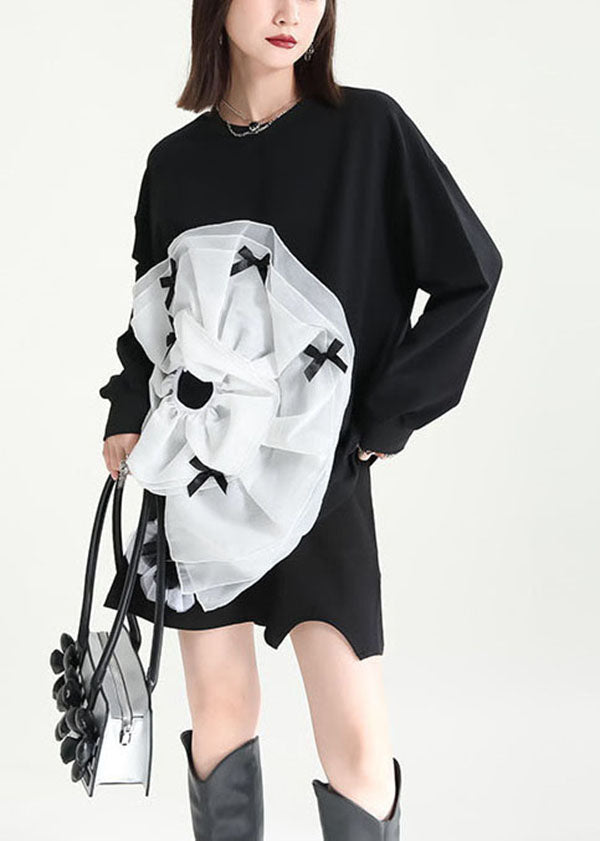 Black Asymmetrical Patchwork Tulle Applique Cotton Sweatshirts Dress Fall
