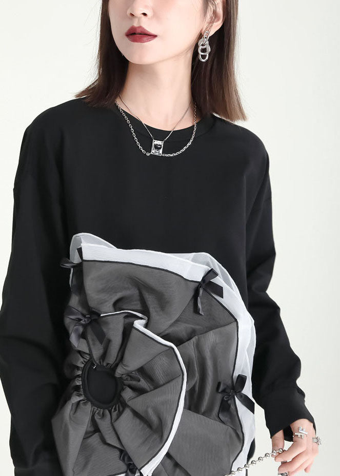 Black Asymmetrical Patchwork Tulle Applique Cotton Sweatshirts Dress Fall