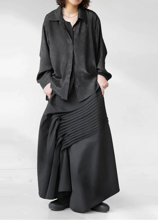 Black Asymmetrical Wrinkled Cotton Skirt Fall