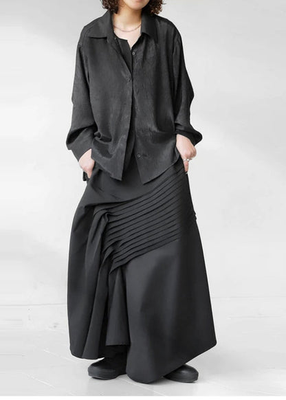 Black Asymmetrical Wrinkled Cotton Skirt Fall