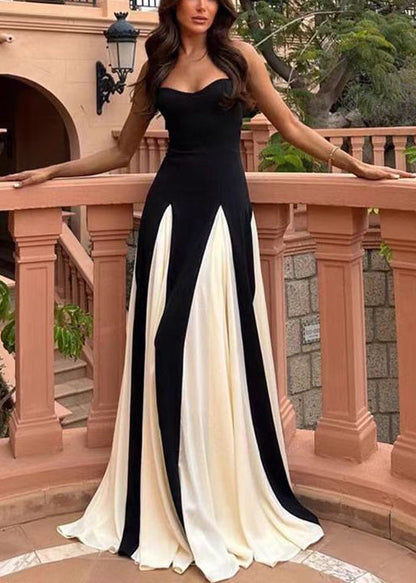 Black Backless High Waist Patchwork Chiffon Spaghetti Strap Dress Sleeveless