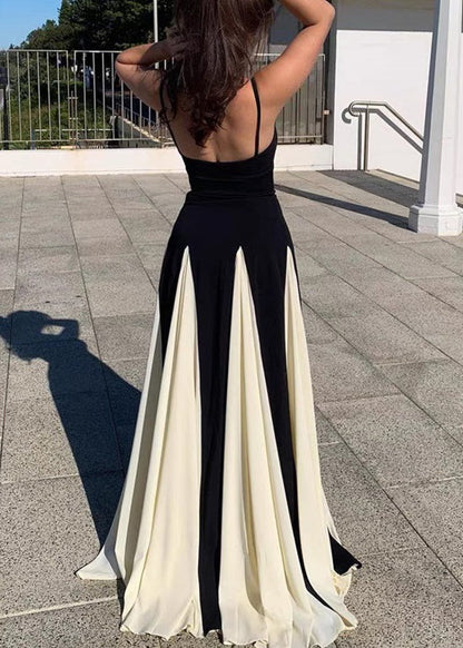 Black Backless High Waist Patchwork Chiffon Spaghetti Strap Dress Sleeveless