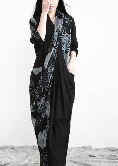 Black Bule Asymmetrical Design Pockets Cotton Dress Long Sleeve