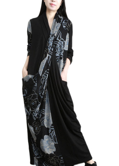 Black Bule Asymmetrical Design Pockets Cotton Dress Long Sleeve